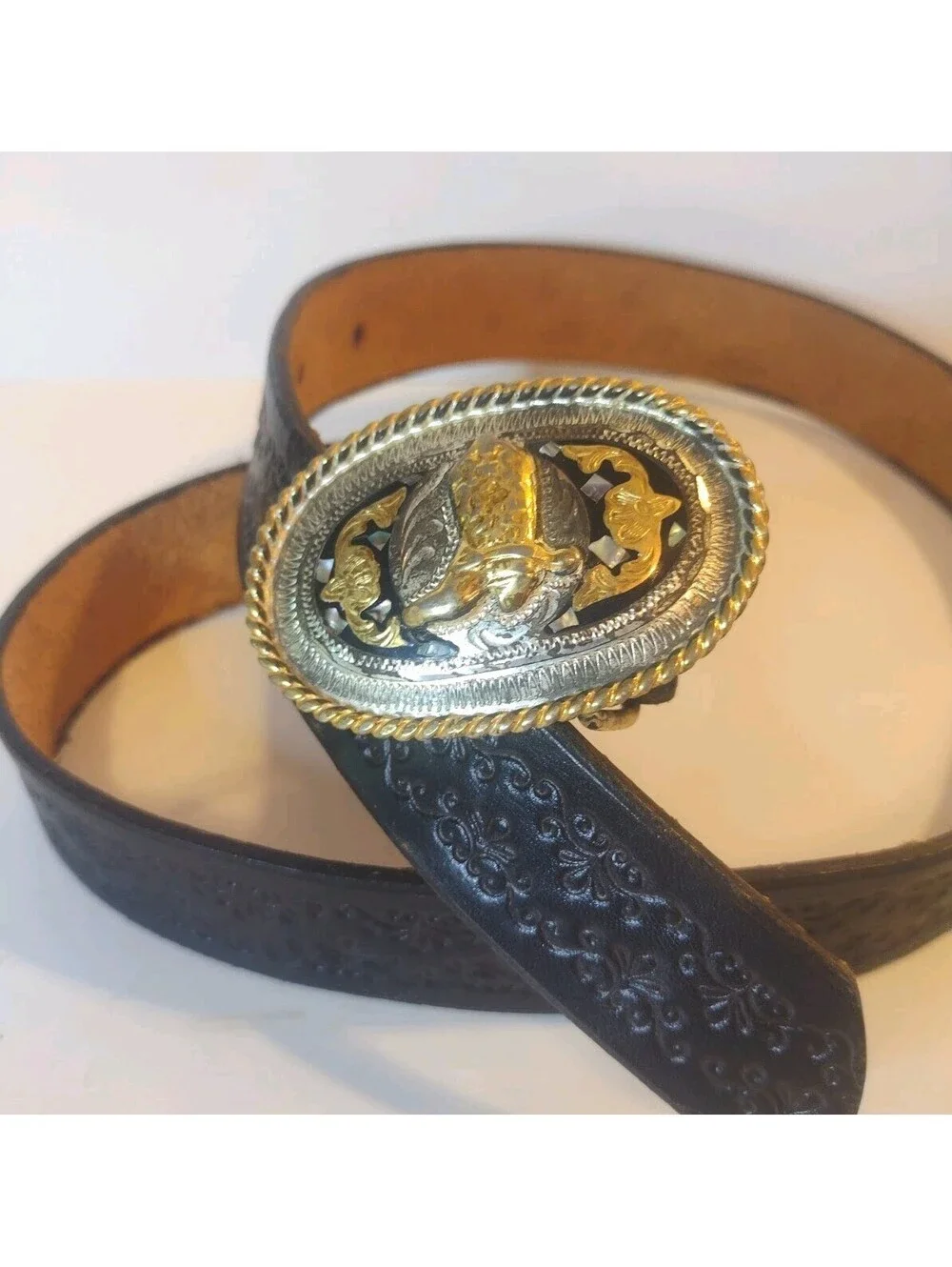 Vintage 70s Hand Tooled Leather Belt Alpaca Mexico Cowboy Boot Buckle Western